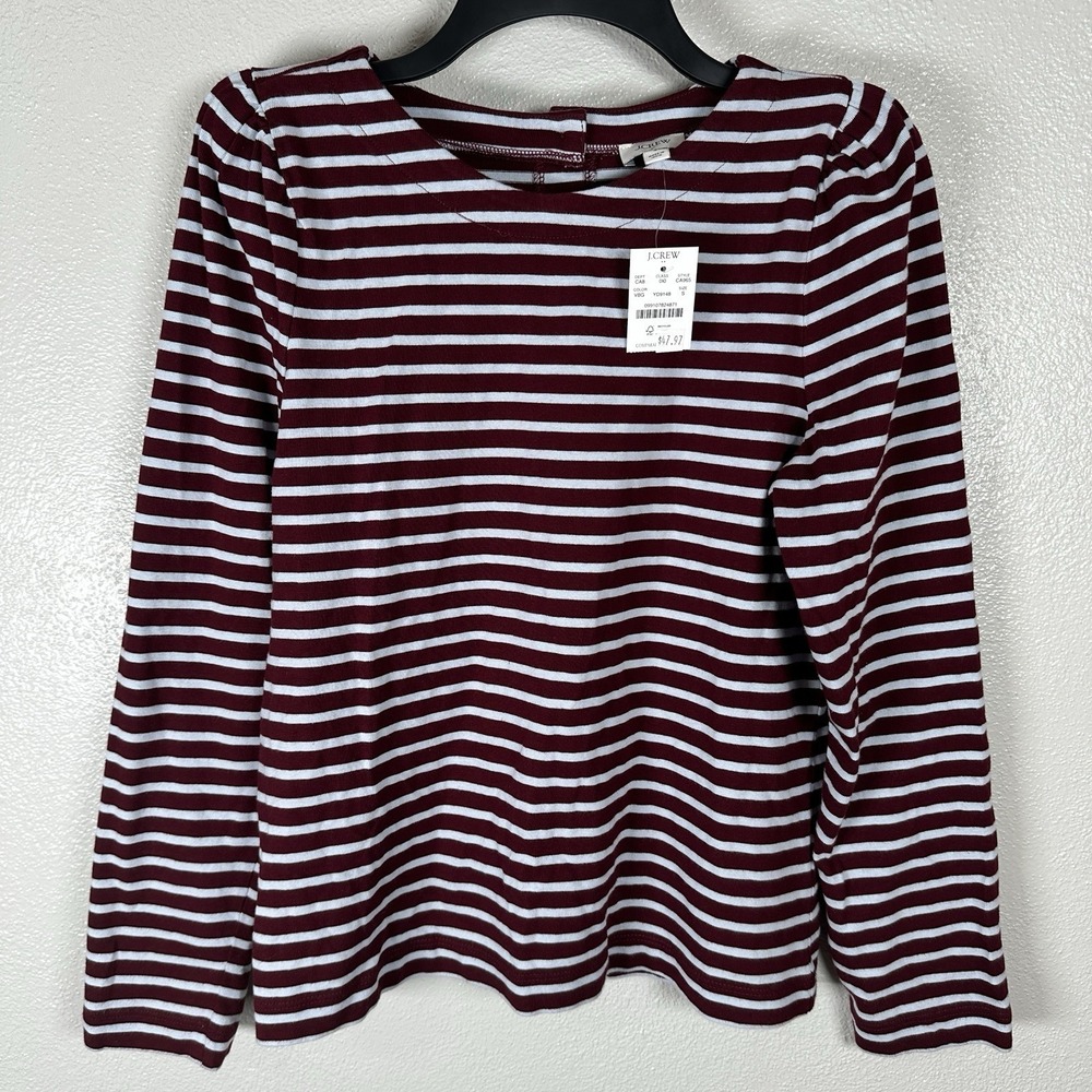 NEW J. Crew Puff Sleeve Button Back Top Womens Sz Small Burgundy Striped Cotton